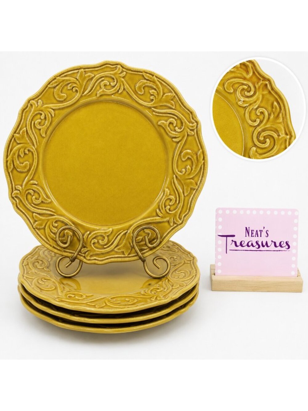 Chris Madden JC Penny CORVELLA GOLD  Emboss Scroll Stoneware Dinner Plate Set 4